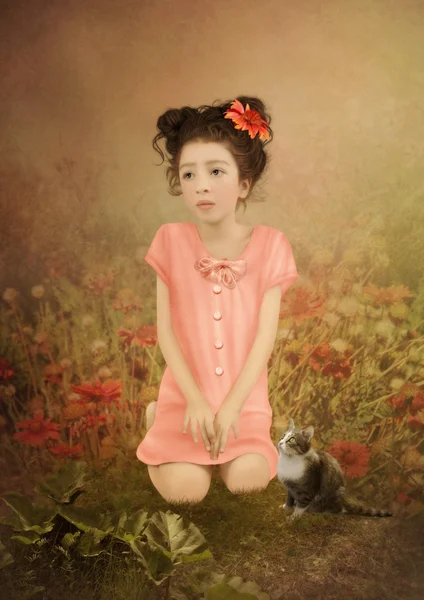 Mała dziewczynka i kotek w dziedzinie — Zdjęcie stockowe
