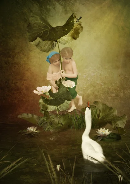 Children and Swan in the forest — Stock Photo, Image