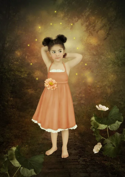 Little girl in a magical forest — Stock Photo, Image