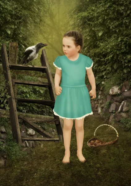 Little girl stares at the crow — Stock Photo, Image