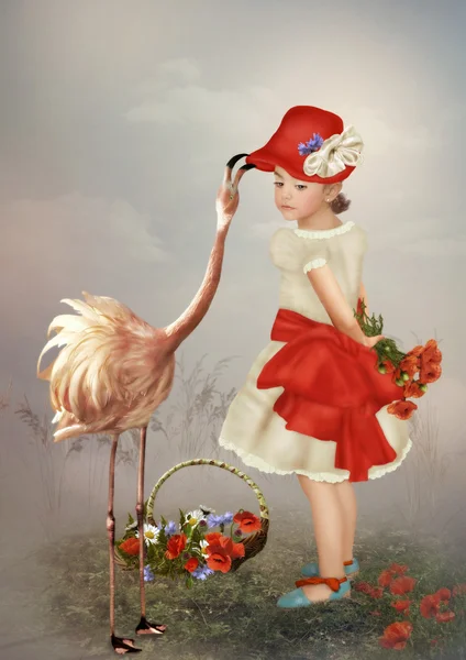 Liten flicka i en röd hatt med flamingo — Stockfoto