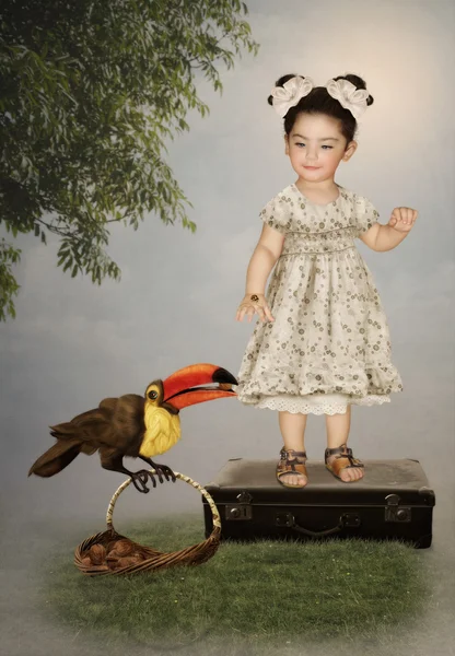 小女孩和巨嘴鸟 — 图库照片