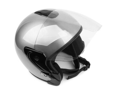 Beyaz arkaplanda gri motosiklet kaskı