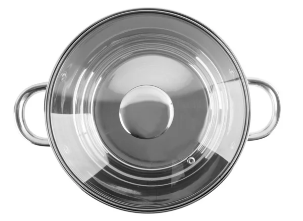 Chromen Pan Met Deksel Geïsoleerd Witte Ondergrond — Stockfoto