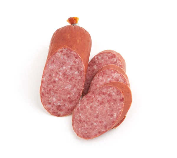 Salsiccia Affumicata Con Fette Isolate Fondo Bianco — Foto Stock