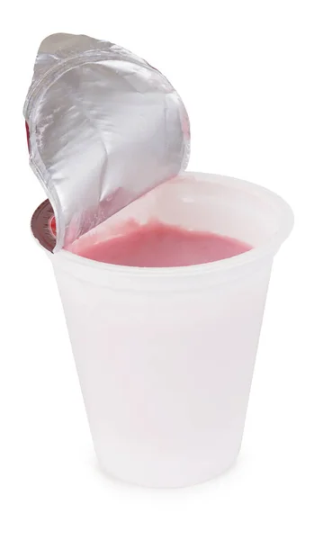 Plastikowy Kubek Jogurtem Izolowany Białym Tle — Zdjęcie stockowe