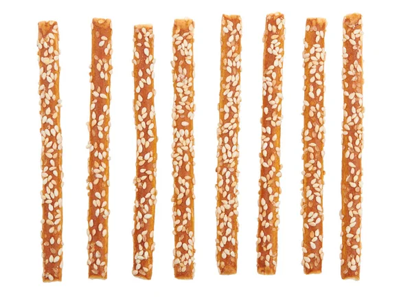 Pretzel Sticks Gecoate Sesam Geïsoleerd Witte Achtergrond — Stockfoto