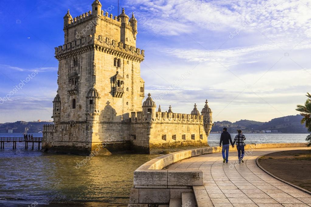 Torre of Belem over sunset- famous landmark of Lisbon, Portugal