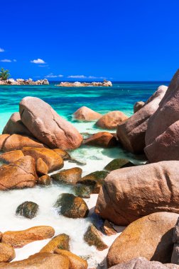 Ünlü Granit kayalar de Seyşeller, Praslin ile muhteşem sahilleri