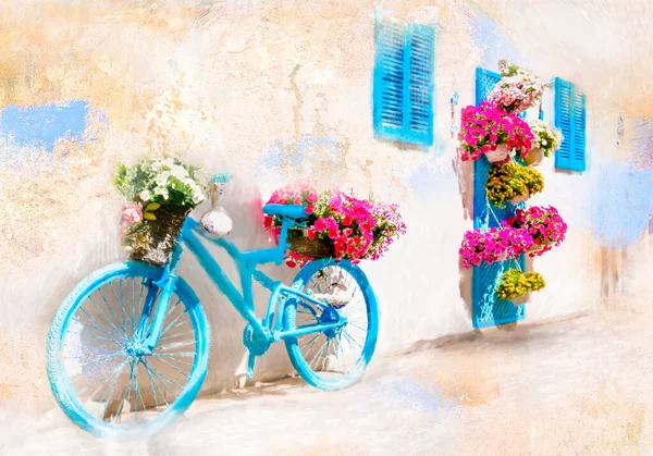Charming Bar Decoration Design Retro Style Old Bicycle Flowers — Stock Photo, Image