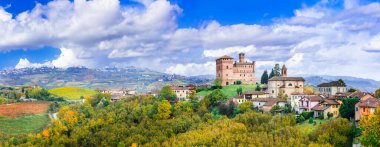Ortaçağ güveci ve köy Castello di Grinzane. İtalya 'nın en ünlü sarmaşık bölgesinden biri olan Piedmont.