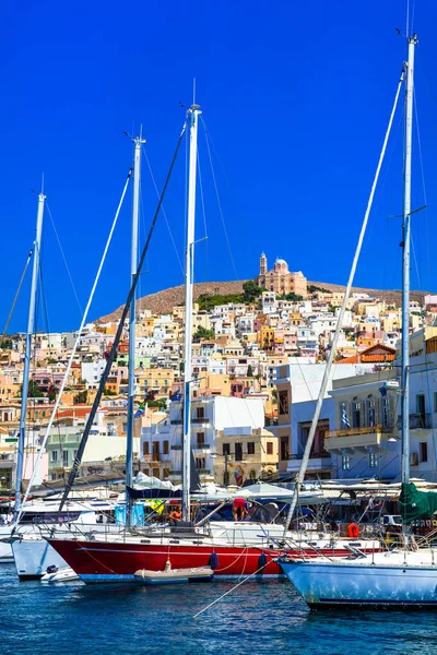 Grécia Viaja Vista Cidade Ermoupoli Capital Ilha Syros Ciclones Junho — Fotografia de Stock