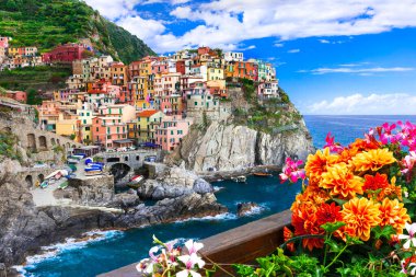 İtalyan manzarası. Kayadaki renkli evler. Liguria, İtalya 'daki ünlü Manarola balıkçı köyü Cinque Terrosu.