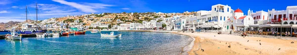 Isla Mykonos Grecia Vacaciones Verano Panorama Del Puerto Viejo Centro —  Fotos de Stock