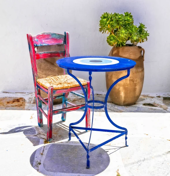 Charming Narrow Typical Streets Greek Islands Coffe Table Traditional Chairs — Stock Photo, Image