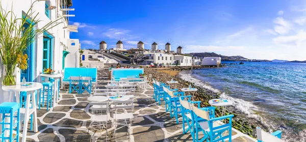 Mykonos Eiland Cycladen Griekenland Zomervakantie Bars Aan Zee Beroemde Populaire — Stockfoto