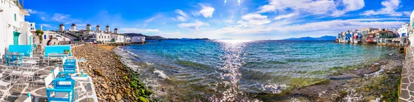 Mykonos Eiland Cycladen Griekenland Zomervakantie Bars Aan Zee Beroemde Populaire — Stockfoto