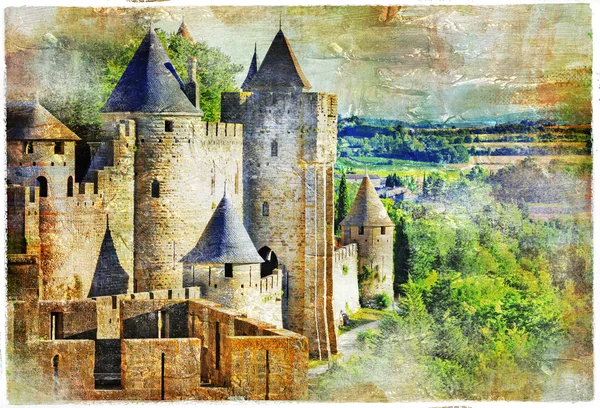 Ortaçağ Kalesi Carcassonne, Fransa, artisric resim — Stok fotoğraf