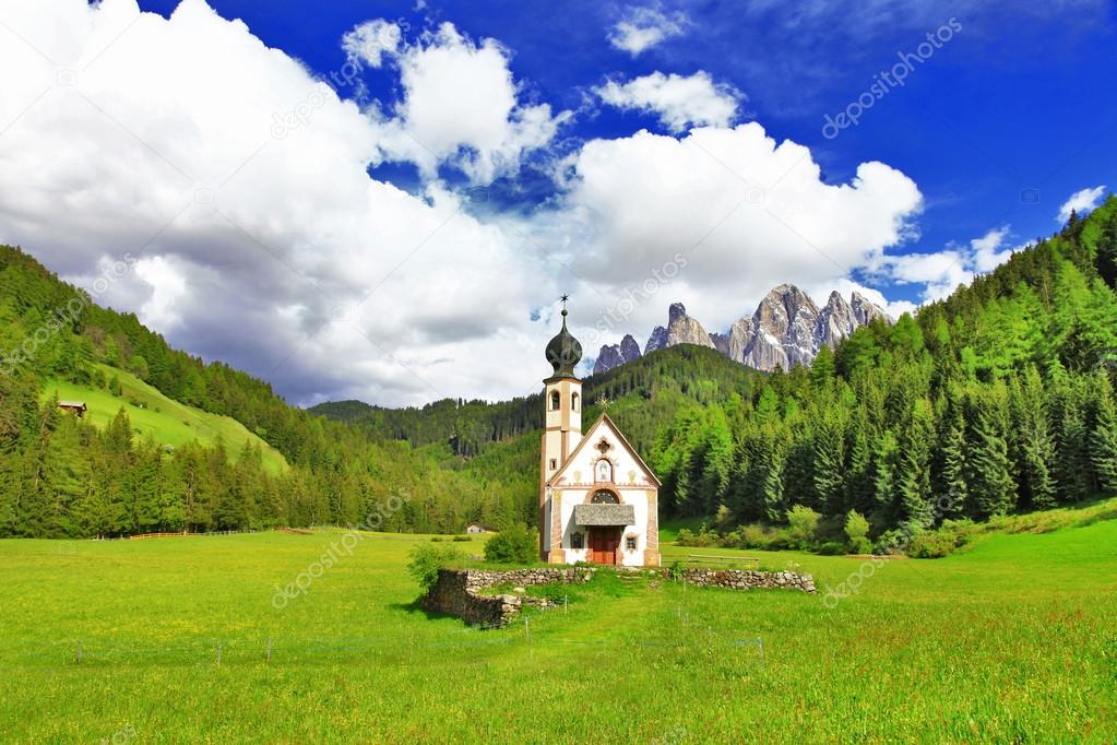 Alpine scenery - Dolomites, Val di funes, view with church