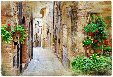 Ortaçağ şehirlerinden, Spello, İtalya eski büyüleyici sokaklarında. sanatsal 