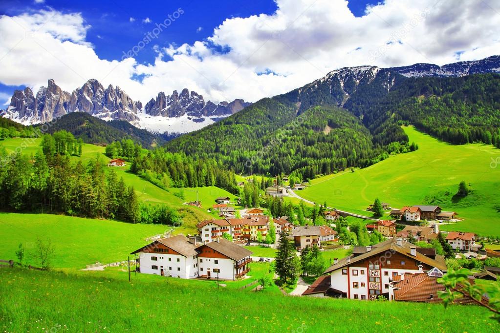 Amazing scenery of Dolomites, Italian Alps, View with village Ma