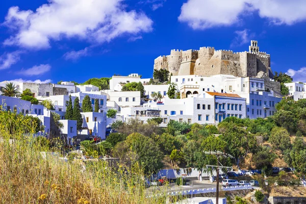 Pohled na klášter krvavé v patmos island, Jižní Sporady, greec — Stock fotografie