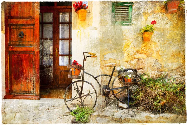 Charming street in Valdemossa village with old bike — Stock Photo, Image