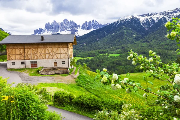 Alpejskie krajobrazy - gospodarstwa agroturystyczne w Dolomitach — Zdjęcie stockowe