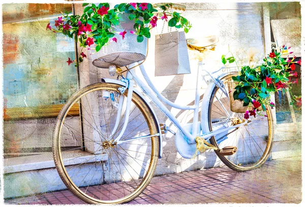 Charming streets with floral bike — Stock Photo, Image