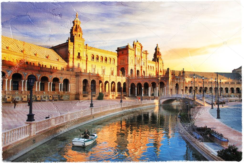 Seville- beautiful piazza Espana over sunset- artwork in painting style