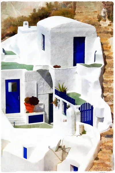 希腊，房子的圣托里尼-绘画风格的艺术品 — 图库照片