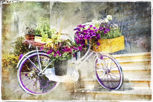 Romantische kaarten - floral fiets, illustraties in de schilderkunst stijl — Stockfoto