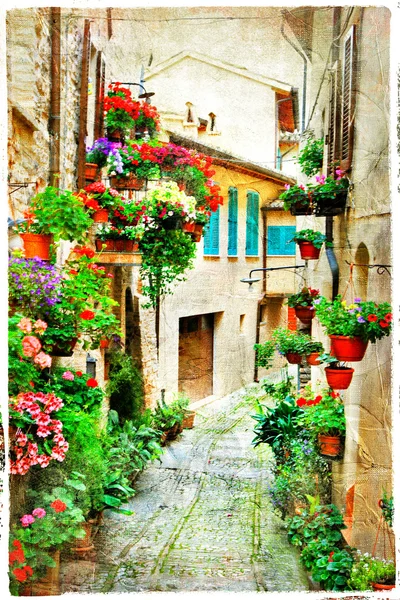 Hermosas calles florales de Spello — Foto de Stock