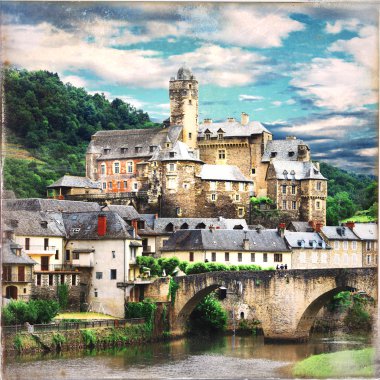 Estaing - medieval village with castle in France, retro picture clipart