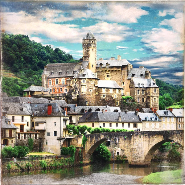 Estaing - Franciaország, retro kép vár középkori falu — Stock Fotó