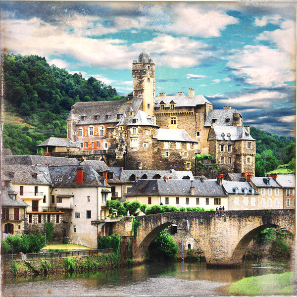 Estaing - medieval village with castle in France, retro picture