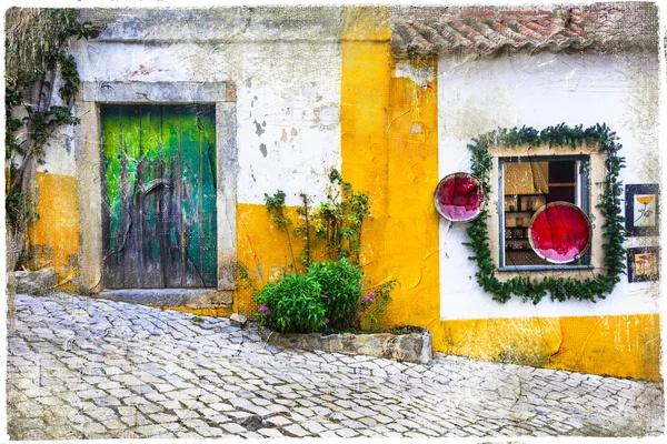 Ruas encantadoras da cidade velha Óbidos em Portugal, quadro artístico — Fotografia de Stock