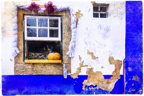 Coloridas calles del casco antiguo de Obidos en Portugal, cuadro artístico — Foto de Stock