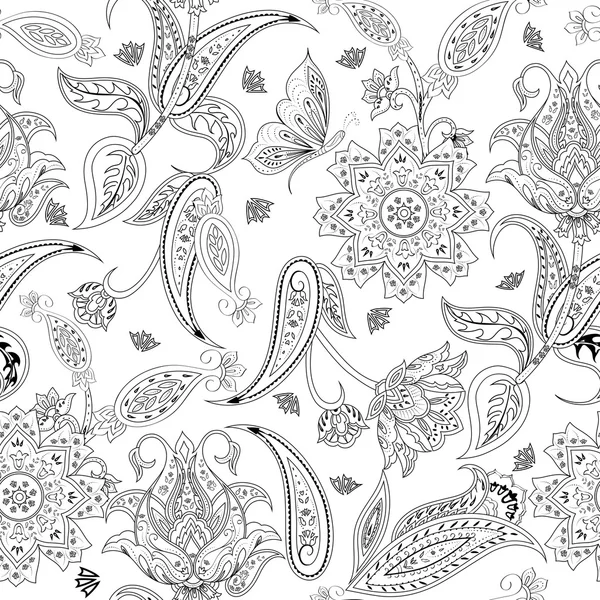 Flores de fantasía patrón paisley sin costuras. Adorno floral, para f — Vector de stock