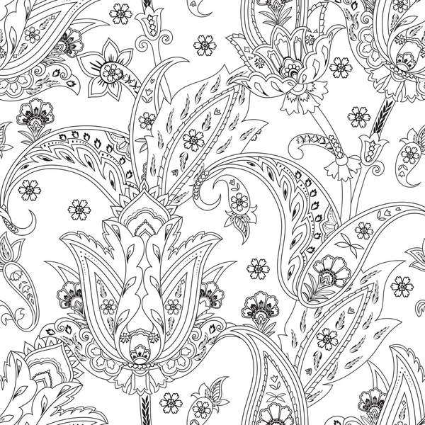 Flores de fantasía patrón paisley sin costuras. Adorno floral, para f — Vector de stock