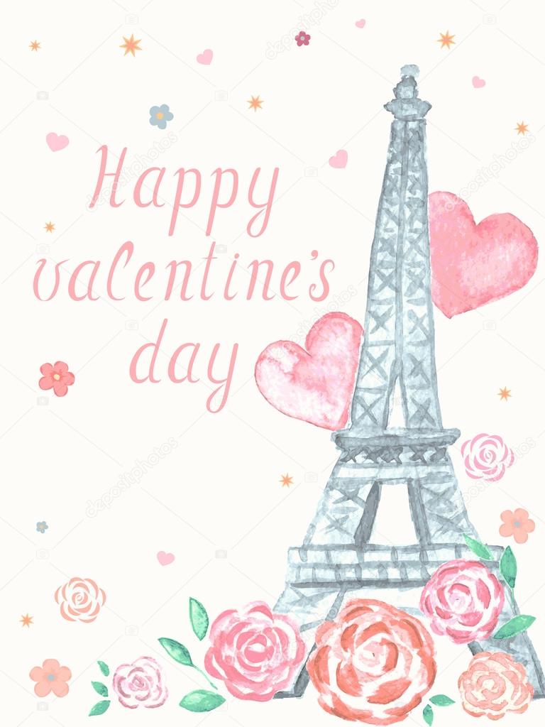 Valentines day greeting watercolor card