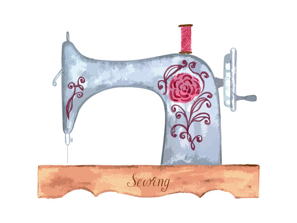 Винтажная швейная машина, изолированная на белом, акварели