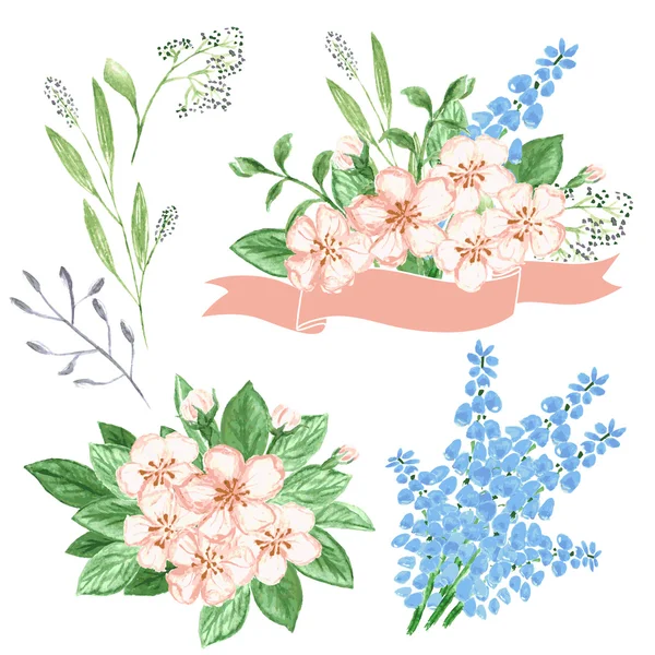 Watercolor set with hand drawn floral  bouquets — Stock Vector