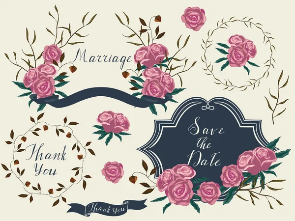 Conjunto de boda vectorial, elementos florales, bordes, cintas — Vector de stock