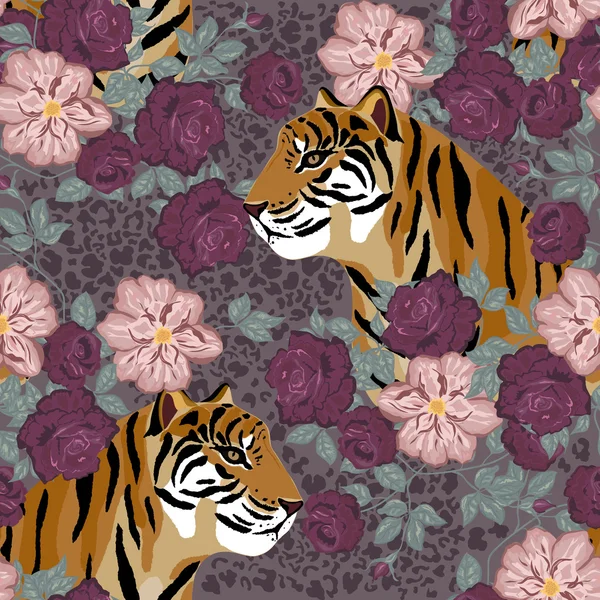 Modèle sans couture avec des fleurs et des tigres — Image vectorielle