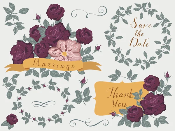 Conjunto de boda vectorial, elementos florales, bordes, cintas — Archivo Imágenes Vectoriales