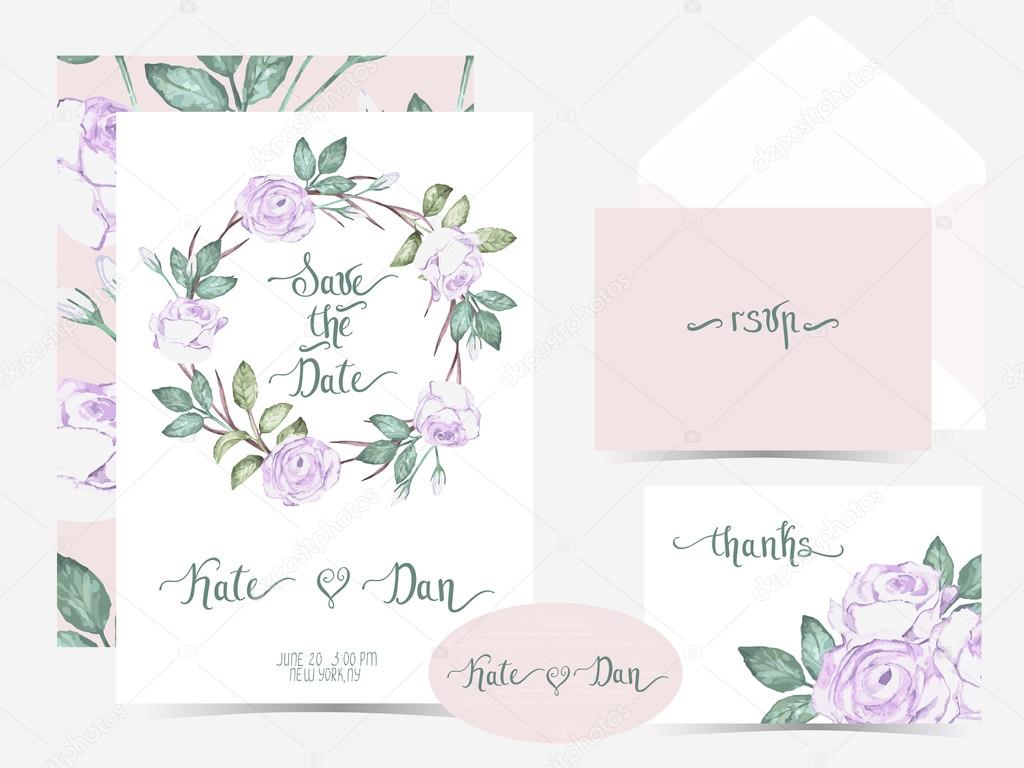 Vector collection of invitation cards with watercolor flowers . 