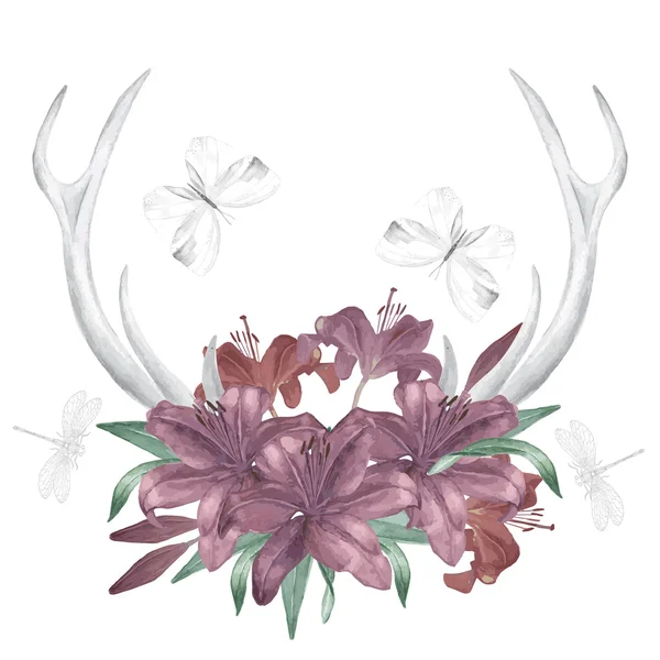 Acuarela cuernos de ciervo y flores — Archivo Imágenes Vectoriales