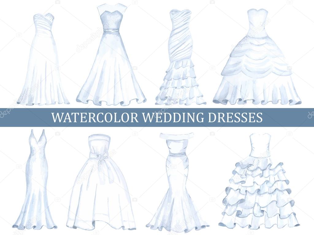 Set of wedding dresses, painted with watercolors, different styl