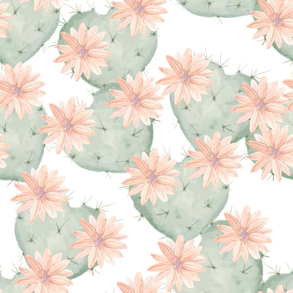 心として開花サボテンのシームレスな水彩パターン — ストックベクタ